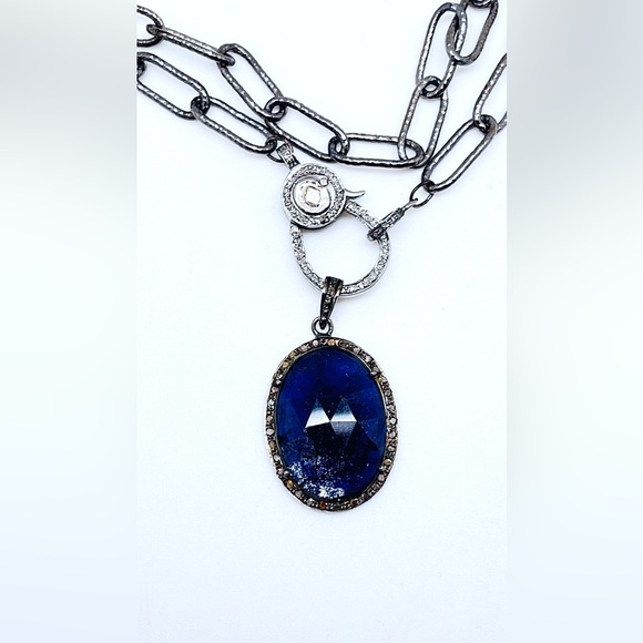 Diamond Sapphire Pendant on 36” Oxidized Sterling Paperclip Chain Diamond Clasp - Picture 3 of 10